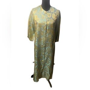 60s RHAPSODY GLAZIER Vintage Aqua Gold Brocade floral House Dress Button robe S
